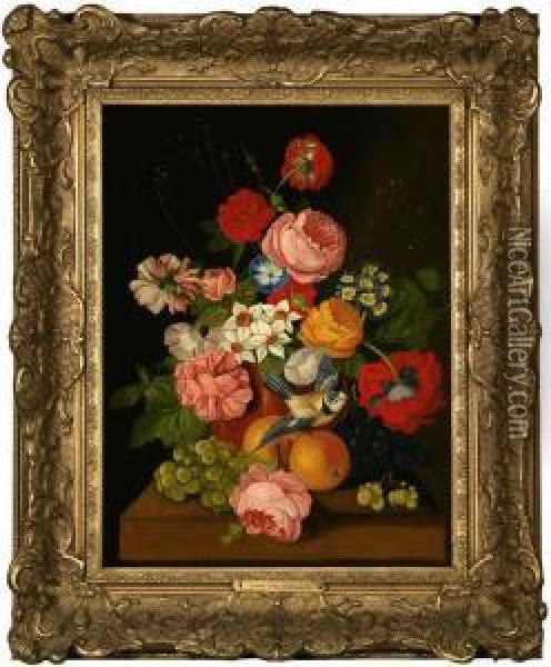 Still Life With Flowers And Bird On A Table Oil Painting - Jan Van Doust