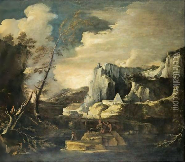 An Extensive River Landscape With Figures Fishing And Playing With A Dog In The Foreground Oil Painting - Salvator Rosa