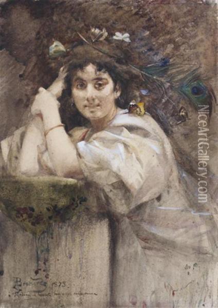 Portrait De Jeune Femme Aux Papillons Coiffee D'une Plume De Paon Oil Painting - Paul Albert Besnard