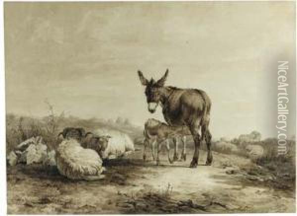 A Donkey With A Foal And Sheep Resting In A Hilly Landscape Oil Painting - Simon Van Den Berg
