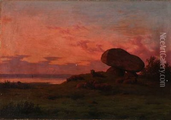 Sunset With Sheep At A Dolmen Oil Painting - Carl Frederik Bartsch
