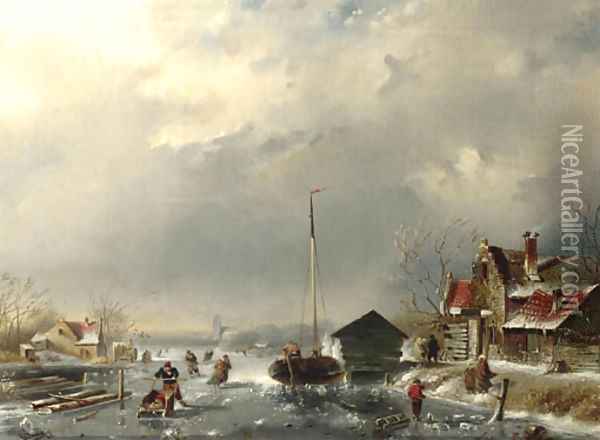 Skaters on a frozen waterway by a village Oil Painting - Dutch School