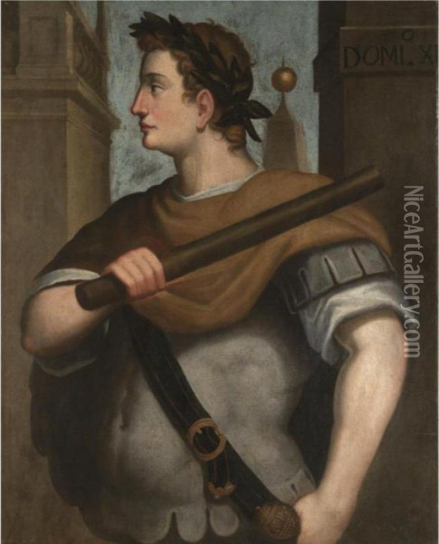 Portrait Of The Emperor 
Domitian, Half-length Standing In Profile, Wearing A Laurel Wreath And 
Holding A Baton Oil Painting - Bernardino Campi