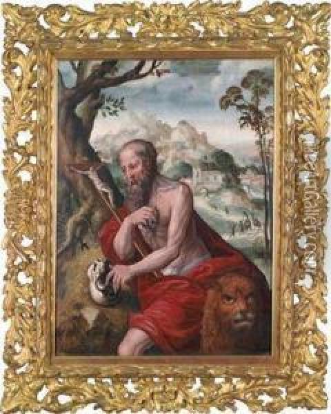 St. Jerome In A Landscape Oil Painting - Jan Sanders Van Hemessen