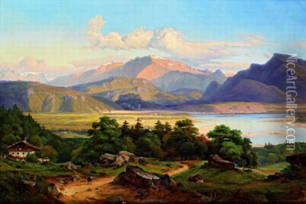 Grosse Landschaft Am Inn, Mit Blick Auf Kufstein Und Das Kaisergebirge Oil Painting - Georg Heinrich Crola