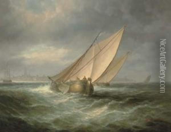 A Wijdschip On A Choppy Estuary, A Dutch Town Beyond Oil Painting - James Hardy