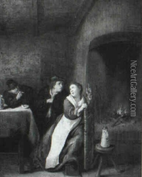 An Amourous Couple Before A Table And An Old Man Smoking A  Pipe By A Hearth Oil Painting - Jan Miense Molenaer
