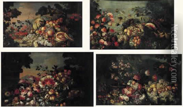 Natures Mortes Aux Fruits Et Fleurs Sur Fond De Paysage Oil Painting - Marco Antonio Rizzi