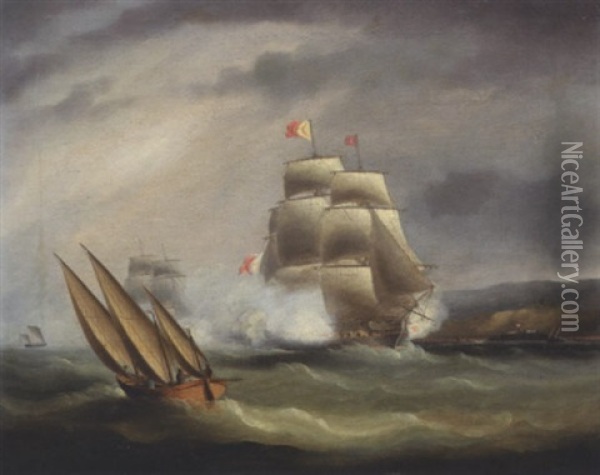 Sea Battle In The Mediterranean Oil Painting - Thomas Buttersworth