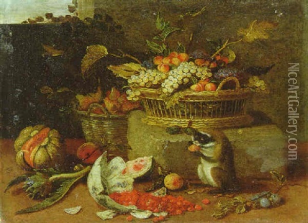 A Pumpkin, An Artichoke, A Basket Of Pears, Raspberries Spilling Out Of A Chipped Bowl, A Basket Of Fruit On A Stone Block And A Monkey Nibbling A Peach Oil Painting - Jan van Kessel the Elder