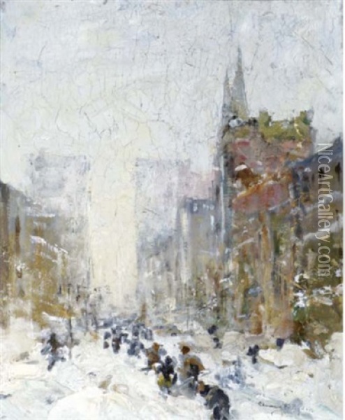 New York Street Under Snowfall Oil Painting - Chauncey Foster Ryder
