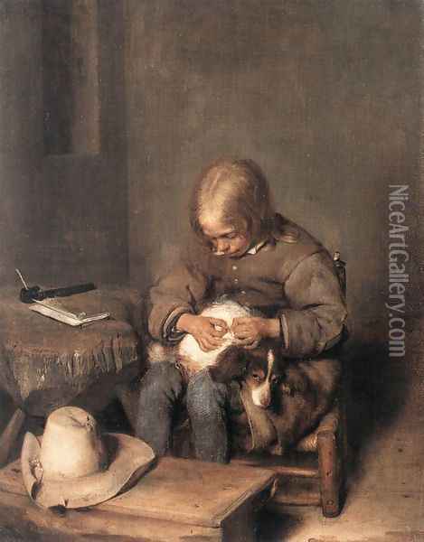 Boy Ridding his Dog of Fleas c. 1665 Oil Painting - Gerard Ter Borch
