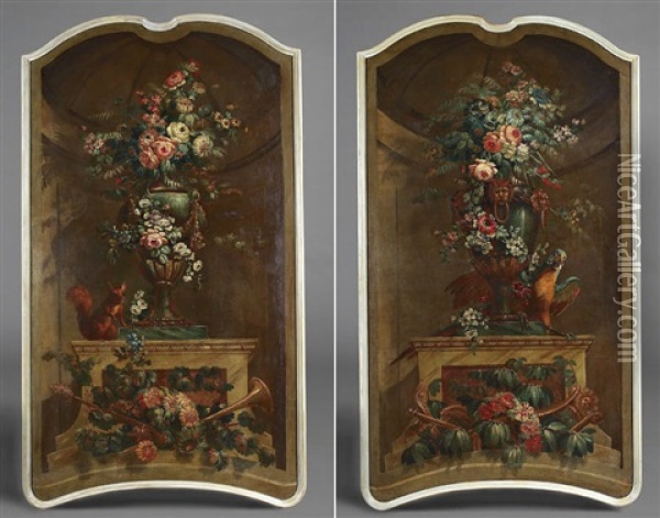 Bouquet De Fleurs Dans Un Vase Orne Et Un Perroquet (+ Another; Pair) Oil Painting - Jean Baptiste Charles Claudot
