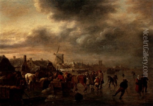 A Winter Landscape With Horses Feeding And Figures Skating On A Frozen River, A Town And Windmills Beyond Oil Painting - Nicolaes Molenaer