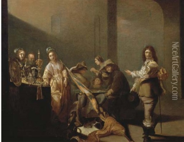 A Guardroom Interior With Soldiers Gambling And Courtesans Standing By A Table With Silverware Oil Painting - Jacob Duck