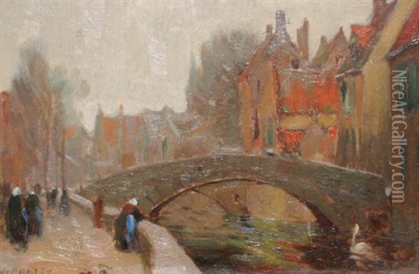 Amsterdam Canal Scene Oil Painting - John William Beatty