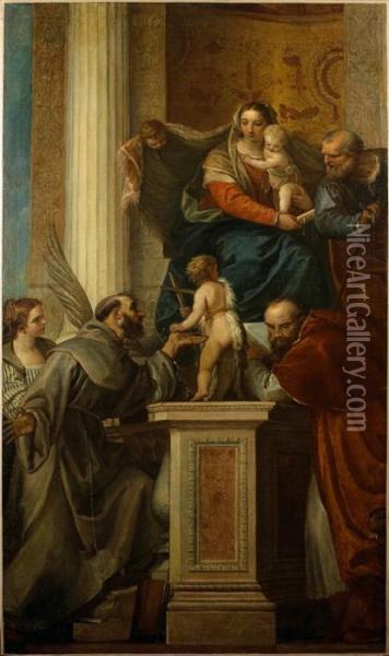 La Sainte Famille Avec Saint 
Jean Baptiste Enfant, Sainte Justine, Saint Francois Et Saint Jerome. Oil Painting - Paolo Veronese (Caliari)