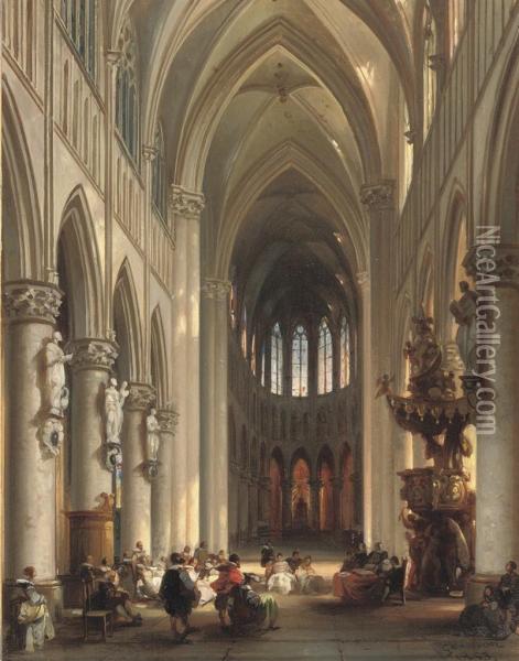 A Gathering In A Sunlit Church Oil Painting - Jules Victor Genisson