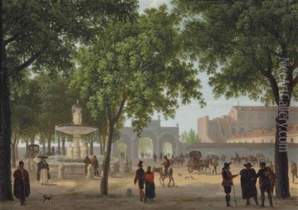 Le Paseo Del Prado, Avec La Fontaine De Cybele Oil Painting - Giuseppe Canella I