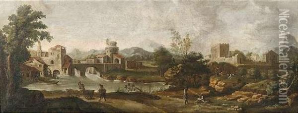 Riverlandscape With Town, Castle, Travellers And Shepherds. Oil Painting - Ferdinand Kobell