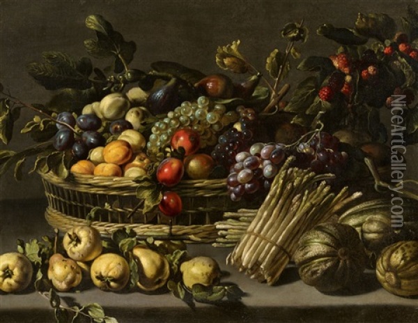 Still Life With Fruit In A Basket Surrounded By Melons, Quinces, And Asparagus Oil Painting - Adriaen van Utrecht