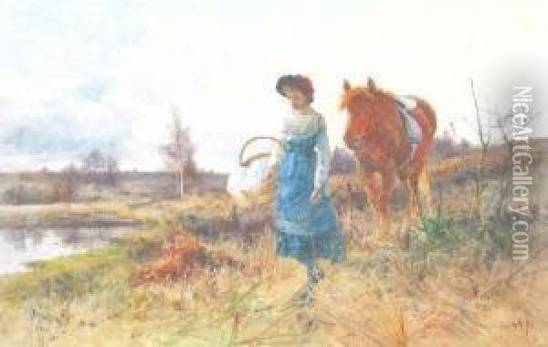 A Young Girl With Her Pony Oil Painting - Benjamin D. Sigmund