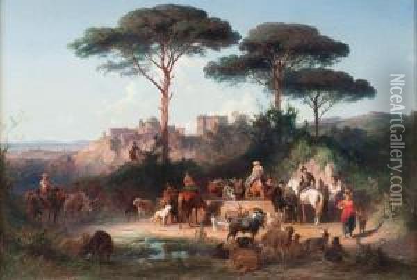 Paesaggio Con Pastori E Animali Alla Fonte E Veduta Di Ariccia Oil Painting - Ernst Schweinfurth