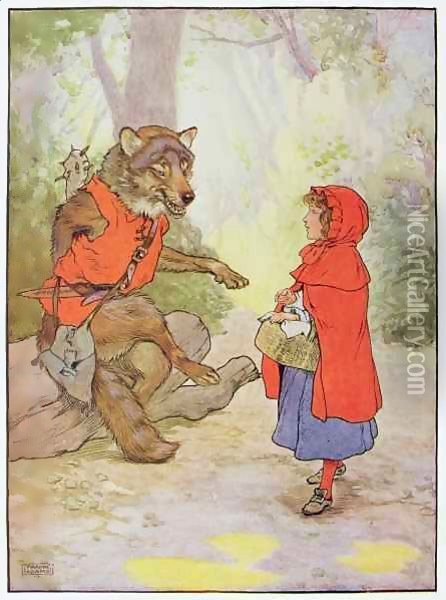 Little Red Riding Hood and the Wolf Oil Painting - Frank Adams