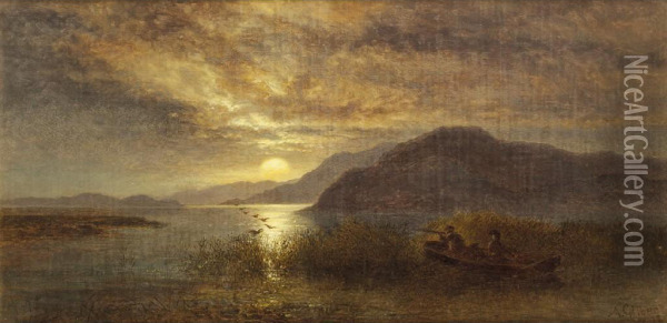 'duck Shooting, Moon Rise On Loch Maree' Oil Painting - Arthur Gilbert