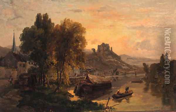 A river town with a castle beyond Oil Painting - Dominique Adolphe Grenet De Joigny