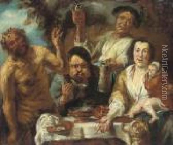 A Satyr And Three Peasants Feasting 
Oil On Canvas Oil Painting - Jacob Jordaens