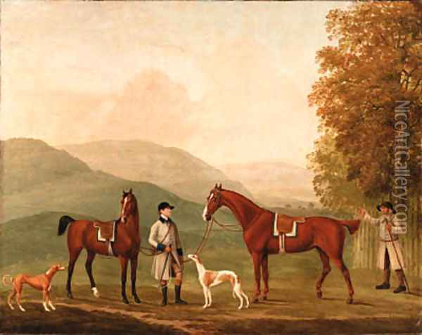 The Hunting Conversation, Two Hunters Held by a Huntsman with a Couple of Hounds in a Landscape Oil Painting - William Shaw