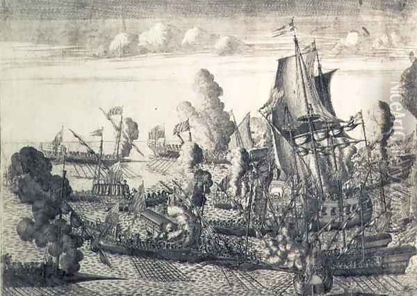 Battle off Cape Gangut (Hanko) on 25th July 1714, 1715 Oil Painting - Alexei Fyodorovich Zubov
