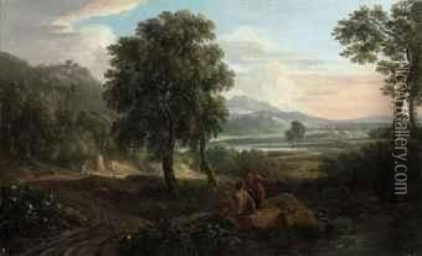 A Wooded River Landscape, With 
Figures And Sheep On A Track, Afortified Town And Mountains Beyond Oil Painting - Jan Frans Van Bloemen (Orizzonte)