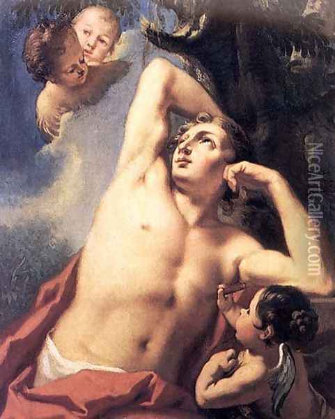 St Sebastian and Three Cherubs Oil Painting - Giovanni Antonio Pellegrini
