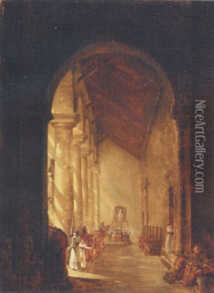 Figures In The Side Chapel Of A Church Oil Painting - Etienne Bouhot