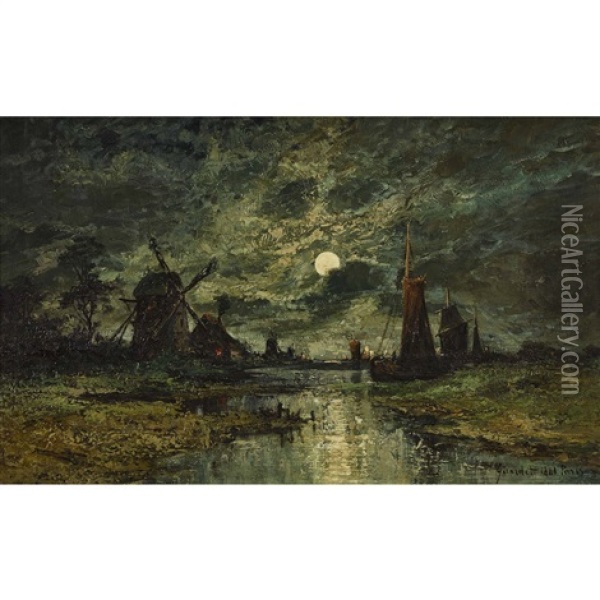Flusslandschaft Im Mondschein Mit Windmuhlen Oil Painting - Henri Girardet