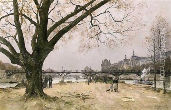Le Pont Des Arts - Le Musee Du Louvre Oil Painting -  Marcel-Lenoir (Jules Oury)