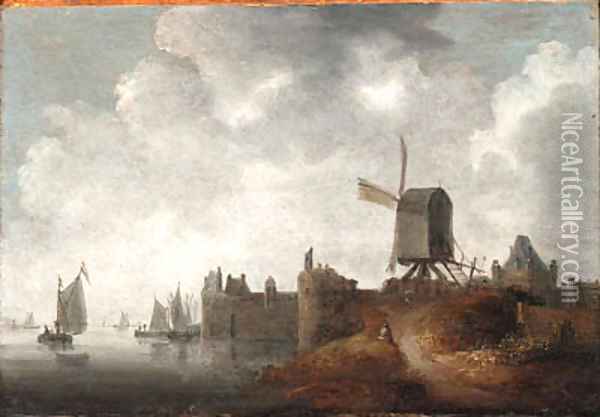 A river landscape with a windmill by a town Oil Painting - Wouter Knyff