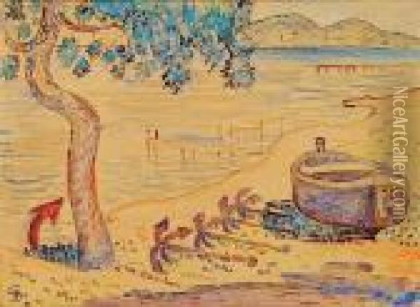Saint-tropez, La Plage Des Canoubiers, Circa 1893 Oil Painting - Paul Signac
