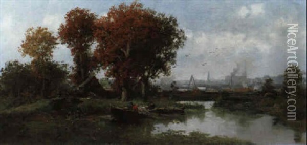 Fischer Am Ufer, Im Hintergrund Eine Grossstadt Oil Painting - Adolf Kaufmann