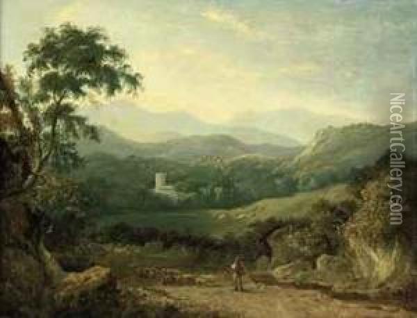 A Mountainous Landscape Near 
Porthmadog, With A Shepherd, His Flockand A Collie In A Lane, A 
Traveller In The Distance, Cows In A Daleand The Village Beyond Oil Painting - George Cuitt