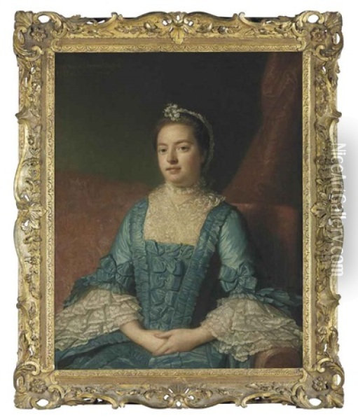 Portrait Of Sarah Verney, In A Blue Dress With Bows, With A Lace Bodice And Cuffs, Seated On A Red Sofa, A Draped Curtain Beyond Oil Painting - Allan Ramsay