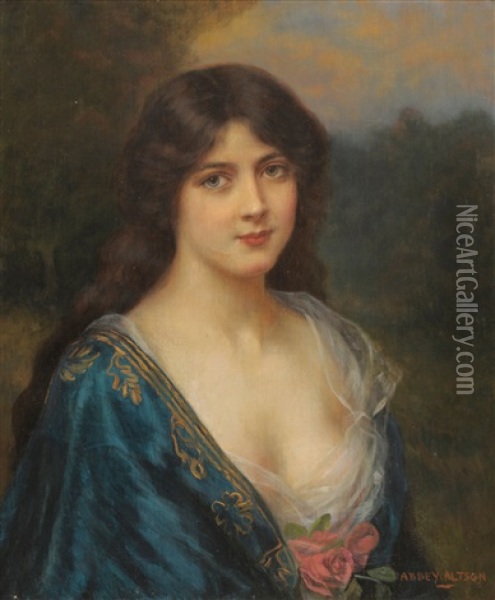 Portrait Of A Girl Wearing A Blue Dress Decorated With A Rose Oil Painting - Abbey Altson