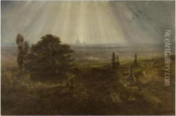 View Of London From Highgate Cemetery With St.paul's Beyond Oil Painting - Bernard Walter Evans