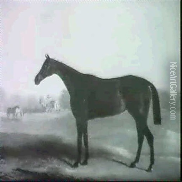 Portrait Of A Race Horse In A Rutland Landscape Near        Empingham Oil Painting - John Ferneley Jr.