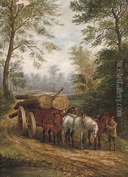 Readying the logging cart Oil Painting - English School