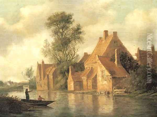 A river landscape with fishermen in a boat and cottages on an embankment Oil Painting - Pieter de Neyn