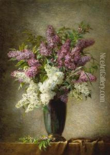 A Still Life Of Lilacs In A Vase On Atable Oil Painting - Hupe Martial
