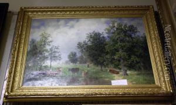 Pastoralt Landskap Med Betande Kor. Oil Painting - Amelia Ulrika Von Schwerin